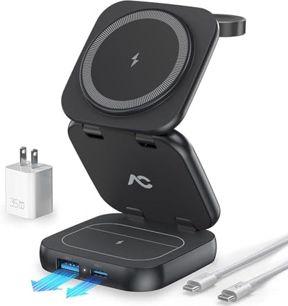 5-in-1 Wireless Charger for MagSafe, AC ISLAND Portable Travel Charging Station, 35W Max Qi2 Fast Foldable Magnetic Stand, Evolved for iPhone 17-12 Series, Apple Watch, AirPods (with 35W Adapter) - color: Black