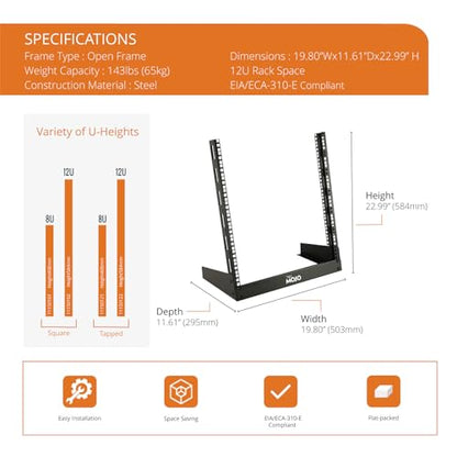 Tecmojo 2 Post 12U Desktop Server Rack Small Open Frame Rack for 19in AV/Data/Audio/Studio Equipment Free Standing Home/Office Rack,Square Hole - size: 12U/Square Hole