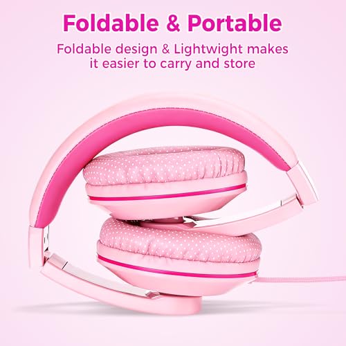 rockpapa Comfort+ Wired Kids Headphones with Microphone & 3.5mm for School - color: Hot Pink