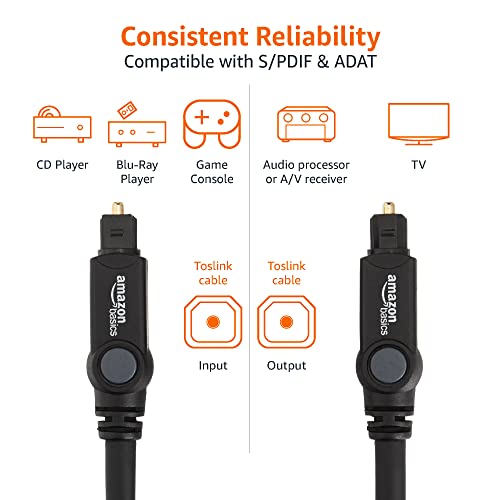 Amazon Basics Toslink Digital Optical Audio Fiber Optic Cable, Multi-Channel, for Sound Bar, Audio System, Home Theatre, Gold-Plated Connectors, 9.8 Foot, Black - size: 9.8 Feet