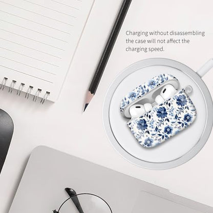 Compatible with Airpod pro 2nd/1st Generation Case Cover with Gold Round Keychain Cute Pattern Hard & Anti Slip Cover for Men Women & Girls（Blue and White） - color: Blue and White
