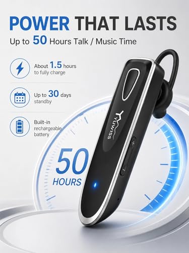 YW YUWISS Bluetooth Earpiece for Cell Phone with Mic Wireless in Ear Earbud Headphones Car Headset with 50 Hours Noise Canceling Hands Free Calling Compatible with Driving, iPhone, Samsung, Black