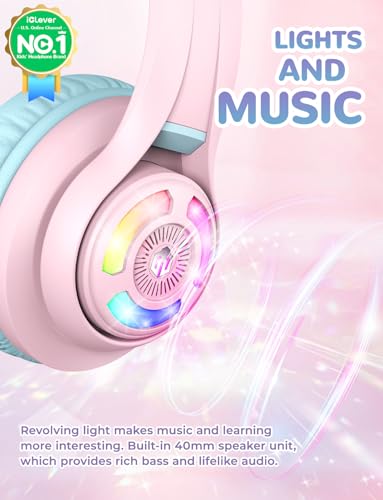Cat Ear Bluetooth Headphones by iClever | SafeSound Tech, 50H Playtime, USB C Charging, AUX Cable, Stereo Sound, Kids Headphones Wireless with Mic for Tablet, Pink - color: Pink