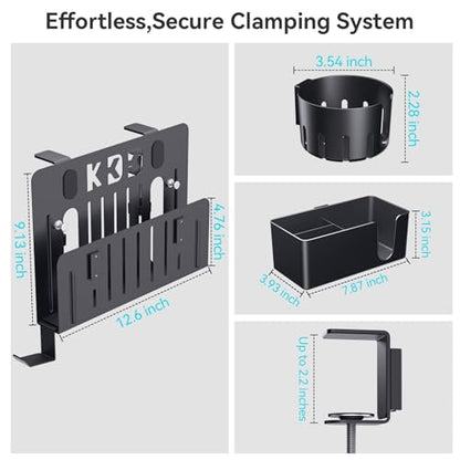 KDD 7 in 1 Desk Side Organizer Set, Under Desk Laptop Holder Storage, No Drill Laptop Stand Mount with 2 Cup Holder, Pen Holder, Headphone Hanger and 2 Pin Magnet, Detachable Hanging Stand