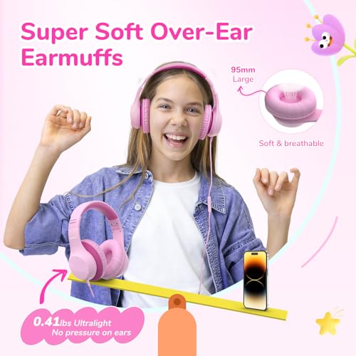 EarFun K3 Kids Headphones, Over Ear Headphones with Microphones, 85/94dB Safe Volume Limit, HD Stereo Sound, 3.5mm Jack, Foldable Wired Headphones for School/Travel/Boys/Girls/Tablet/iPad, Pink | Built-in Mic, 85/94dB Volume Limit, HD Stereo Sound, 3.5mm