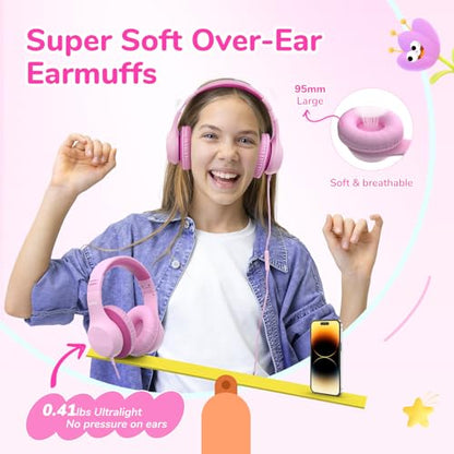 EarFun K3 Kids Headphones, Over Ear Headphones with Microphones, 85/94dB Safe Volume Limit, HD Stereo Sound, 3.5mm Jack, Foldable Wired Headphones for School/Travel/Boys/Girls/Tablet/iPad, Pink | Built-in Mic, 85/94dB Volume Limit, HD Stereo Sound, 3.5mm