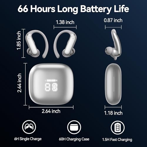Sport Earbuds with Ear Hook 66hrs Playtime with LED Display Case, Wireless Bluetooth 6.0, Sports Over The Ear Earbuds, IPX4 Gym Workout Running Headphones, Deep Bass & Stereo Sound. - color: Gary
