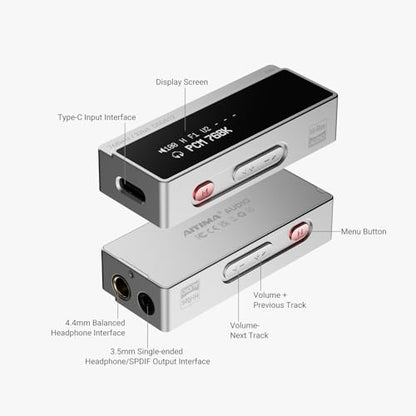 AIYIMA H4 Hi-Res Portable USB C Headphone Amp,DSD512 ES9039Q2M DAC Amp | Digital Display Support 32bit/768kHz | 4.4MM/3.5MM Dual Headphones Output | UAC 1.0 Gaming mode Compatible with Switch & PS5