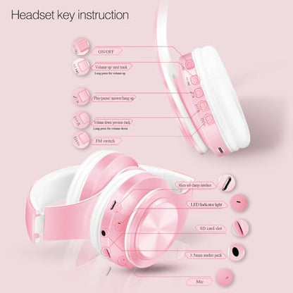 RAT TAIL V5.3 Bluetooth Headphones Over-Ear, Foldable Wireless and Wired Stereo Headset Micro SD/TF, FM for Cell Phone,PC,Soft Earmuffs &Light Weight for Prolonged Wearing (Pink) - color: Pink