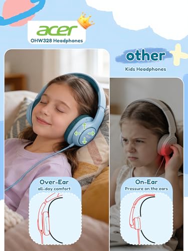 Acer OHW328 Kids Headphones Wired for School - Over Ear Design | 85/94dB Safe Volume, 3.5mm Jack Foldable Headphones for Kids Boys Girls Classroom Yoto Player Chromebook Travel Green - color: Green