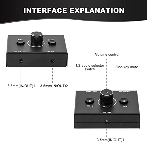 3.5mm Audio Switcher, 2 Input 1 Output / 1 Input 2 Output Audio Splitter Switcher, Audio Switcher Box, One-Key Mute Button, No External Power Required