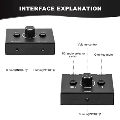 3.5mm Audio Switcher, 2 Input 1 Output / 1 Input 2 Output Audio Splitter Switcher, Audio Switcher Box, One-Key Mute Button, No External Power Required