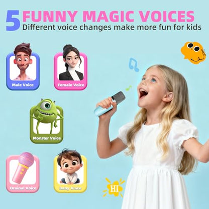 Kids Karaoke Machine Toy Ages 3-12, 2 Wireless Mics BT Speaker, Blue | Voice Changer, LED Party Lights, Duets, BT 5.3, Mini Rechargeable Portable, Christmas Birthday Gifts for Toddler Boys & Girls - color: Blue - 2