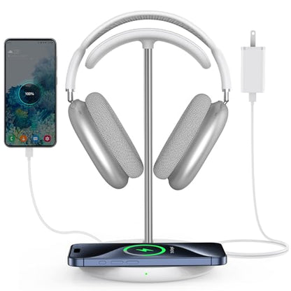 Miroddi Headphone Stand with Wireless Charger, Independent USB Charging Port, 5 in 1 Charging Station Headset Holder Rack for AirPods Max/Pro/4/3/2, iWatch, iPhone, Samsung and Desk Headphones, White - color: White