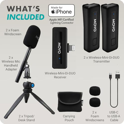 Movo WireL Mini DI-Duo Wireless Microphone for iPhone Podcast Equipment Bundle with WMX-HM Handle/Desktop Mic Stand - Wireless iPhone Mics for Podcasting, Interviews, and Content Creation - size: Lightning