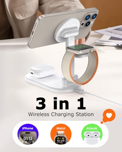 Magnetic Wireless Charger Mag-Safe 3 in 1 Charging Station Foldable | 15W Max Wireless Charging Stand for iPhone 17/16/15/14/13/12, Fast Travel Charger for Multiple Devices iWatch Airpods (White)