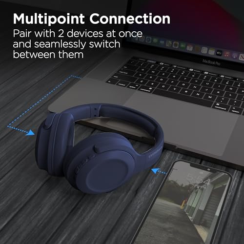 HyperGear Foldable Over-Ear Headphones - Wireless Bluetooth Headphones with Active Noise Cancelling, HD Audio, 40mm Drivers, and Deep Bass, Blue