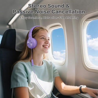 SIMOLIO Manyshare Series- Wired Headphones for Kids, Girls School Headphone with Microphone & Share Port & Volume Limit, Foldable Durable Over Ear Headsets for Tablet Travel Airplane Teens (Purple) - color: Dreamy Lavender 3.5mm