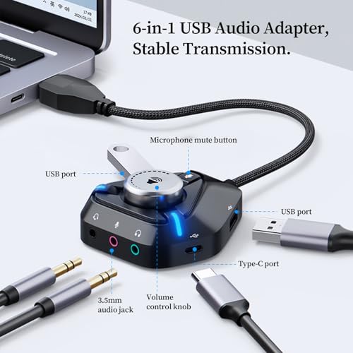 USB Sound Card, Compact Design, 6.7x6x2cm, Type-C External Soundboard, Jack USB Headset Adapter, Easy to Use, for Volume Control Microphone Speaker Studio