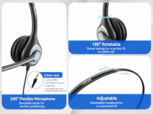 Wantek 2.5mm Headset with Microphone, Wired Phone Headset, Noise Cancelling & Volume Controls, Telephone Headphone Compatible with Panasonic, Cisco, Polycom, Gigaset's 2.5mm Jack Phone Headset - size: 600-2.5mm