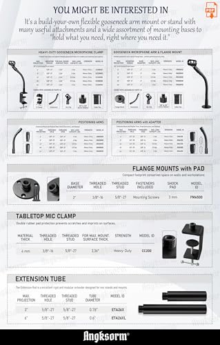 Heavy-Duty Table Microphone Clamp with 5/8-27 Male & 3/8-16 Female Thread and 1/4-20 Adapter (1PCS) + 6-Inch Mic Stand Extension Tubes (2PCS)