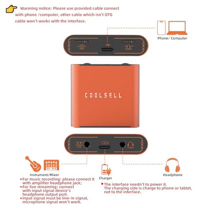 192kHz/24bit Audio Interface, Portable USB and iPhone Guitar Interface - color: Orange