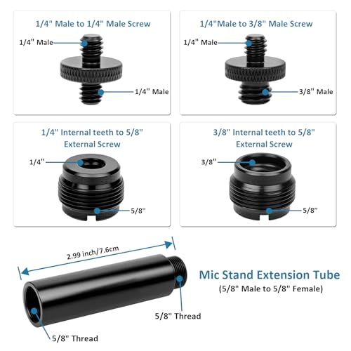 14 Pcs Mic Stand Adapter Set with 2 Extension Tubes, 1/4 to 5/8 & 3/8 to 5/8 Threaded Screw Mount for Microphone Boom Arm, Camera Tripod, Shock Mount(Black)