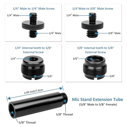 14 Pcs Mic Stand Adapter Set with 2 Extension Tubes, 1/4 to 5/8 & 3/8 to 5/8 Threaded Screw Mount for Microphone Boom Arm, Camera Tripod, Shock Mount(Black)