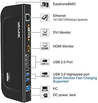 WAVLINK Universal Docking Station Dual 1080P Monitor for Mac, Windows | Displaylink Dock For USB 3.0/USB-C Laptop, with DVI HDMI VGA Gigabit Ethernet, Audio, 6 USB Ports for Workstation