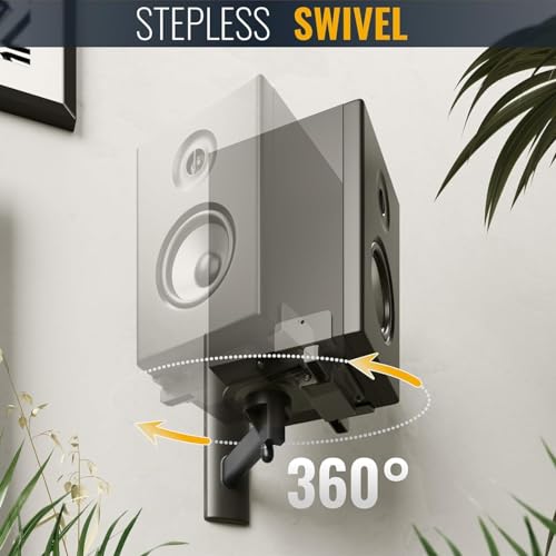 FDM Universal Speaker Wall Mount One Pair of Side Clamping Bookshelf Speaker Mount Bracket with Swivel and Tilt for Sound Speakers (Black)