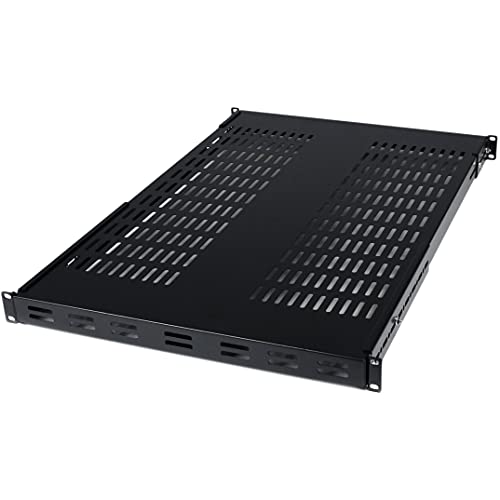StarTech 1U Adjustable Vented Rack Shelf, 19in, 175lb, TAA (ADJSHELF) | 19.5-38in adjustable mounting depth, 27.5in deep universal tray, SPCC steel, Maximizes airflow - size: 19.5-38in