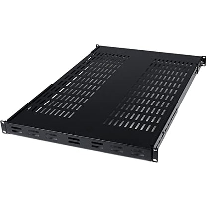 StarTech 1U Adjustable Vented Rack Shelf, 19in, 175lb, TAA (ADJSHELF) | 19.5-38in adjustable mounting depth, 27.5in deep universal tray, SPCC steel, Maximizes airflow - size: 19.5-38in