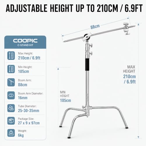 Heavy Duty C-Stand with Boom Arm & Turtle Base - 210cm Stainless Steel Photography Light Stand Kit, 88cm Extension Arm, 2 Grip Heads, Sandbag & Carrying Case for Studio Softbox Monolight - size: 210CM CSTAND + BAG + SANDBAG + 4PCS CLAMPS
