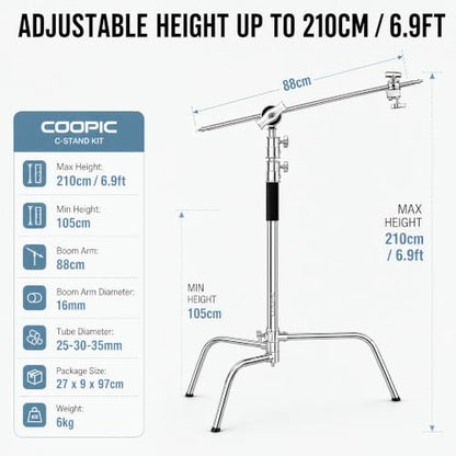 Heavy Duty C-Stand with Boom Arm & Turtle Base - 210cm Stainless Steel Photography Light Stand Kit, 88cm Extension Arm, 2 Grip Heads, Sandbag & Carrying Case for Studio Softbox Monolight - size: 210CM CSTAND + BAG + SANDBAG + 4PCS CLAMPS