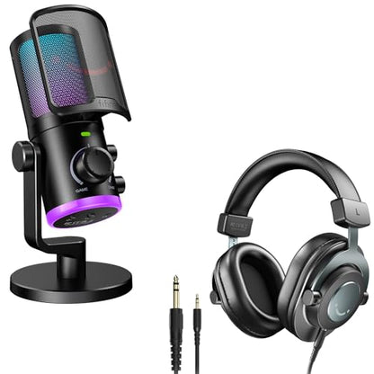 FIFINE Gaming USB Microphone with Studio Monitor Headphones Set, USB Streaming Mic with RGB, Noise Cancellation for PS4/PS5, Podcast Streaming Headset Kit with 3.5mm or 6.35mm Jack on PC/Mixer(AM6+H8)