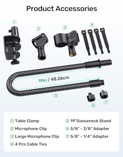 19" Flexible Gooseneck Mic Stand with Desk Clamp【Heavy Duty】, Dual Holder | Upgraded Desk Clamp, 2 Mic Holders, 1/4" and 3/8" Adapters, Ideal for Gaming, Live Streaming, Podcast, Conference, and Podium - size: Upgraded Heavy-Duty Clamp