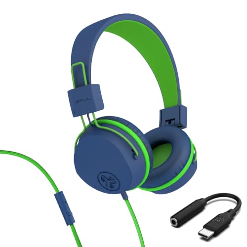 JLab, JBuddies Studio, Kids Wired on-Ear Headphones, Bundle with USB-C Adapter, Volume limiting, Foldable, Blue/Green - color: Blue / Green, size: Bundles