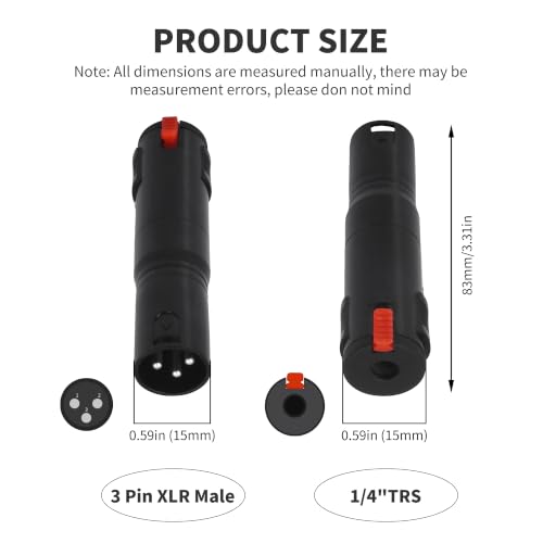 Balanced Lockable 1/4 to XLR Adapter Locking 6.35mm 1/4 Female to 3Pin XLR Male Audio Adapter for Mixing Console Microphone 2pcs