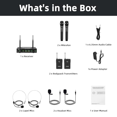 Lapel Wireless Microphone System with Headset & Lavalier Mics, 4 Channel UHF Metal Receiver with 2 Handheld Microphones & 2 Bodypacks, 300ft Range for Singing, Church, Karaoke, Wedding