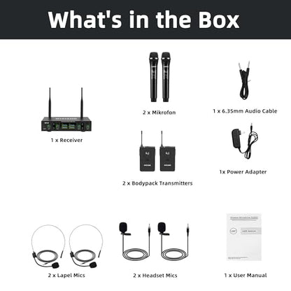 Lapel Wireless Microphone System with Headset & Lavalier Mics, 4 Channel UHF Metal Receiver with 2 Handheld Microphones & 2 Bodypacks, 300ft Range for Singing, Church, Karaoke, Wedding