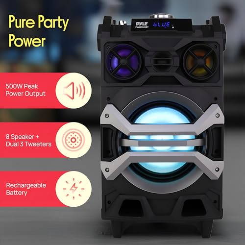 Pyle 500 Watt Portable BT Connectivity Karaoke Speaker System - PA Stereo with 8" Subwoofer, DJ Lights Rechargeable Battery Microphone, Recording Ability, MP3/USB/SD/FM Radio - PWMA325BT
