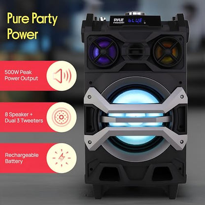 Pyle 500 Watt Portable BT Connectivity Karaoke Speaker System - PA Stereo with 8" Subwoofer, DJ Lights Rechargeable Battery Microphone, Recording Ability, MP3/USB/SD/FM Radio - PWMA325BT
