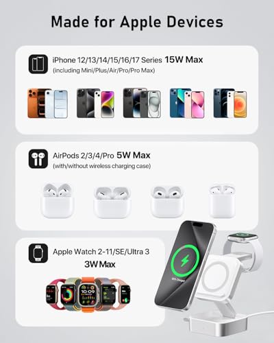 3 in 1 Wireless Charging Station for Apple Devices, Magnetic Foldable Travel Fast Charger Stand Compatible with MagSafe for iPhone Air/17/16/15/14/13/12 Series, Apple Watch & AirPods Pro/4/3/2-White - color: White