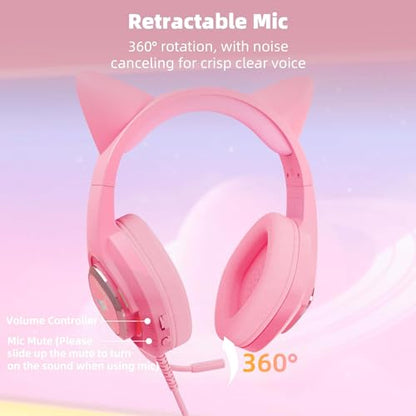 Cat Ear Gaming Headphones Wired AUX 3.5mm LED Headphones Over-Ear Headsets for Kids Girls with Microphone for PC, PS4, PS5, Switch, Xbox, Mobile, Mac, Laptop