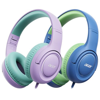 Acer 2‑Pack Kids Headphones for School, 3.5mm Jack, w/Mic HK03‑2P | 85-94dB Limiter, Foldable Wired Over Ear Headphones, for Toddler School/Tablet/iPad/PC/Travel - color: Purple Green & Blue Green