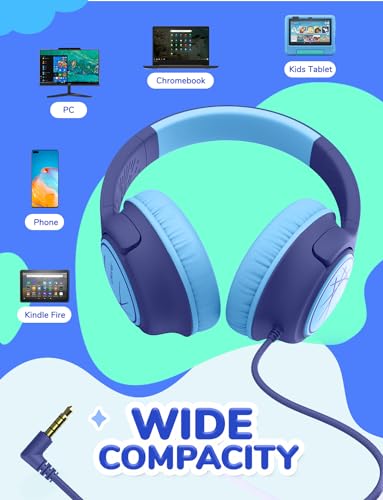 iClever 코드가 있는 아동용 헤드폰, 오버 이어 남아 여아 학교 여행용 | SafeSound Tech, 스테레오 사운드, 접이식, 조절 가능, 3.5mm 잭, 내구성, 학교용 경량 아동용 헤드폰, 네이비 블루 - color: E-네이비 블루