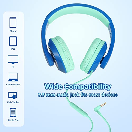 rockpapa Comfort+ Kids Headphones with Microphone and Volume Control, Boys Girls Student Over-Ear Headphones Wired for School Classroom Laptop PC Computer Tablet Sky Blue Teal - color: Blue/Teal