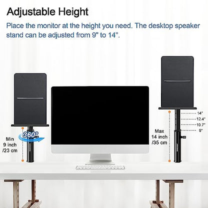 Vondynote Studio Monitor Stands Clamp Speaker Stands with Isolation Pads | Set of 2, Adjustable Height 9"-14", Desktop Speaker Stands against the Wall, Desk Clamp Mount, with Isolation Pads
