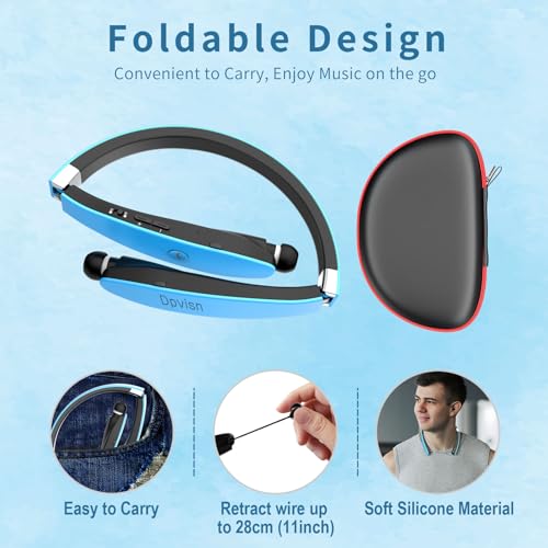 Bluetooth Neckband Headphones, Foldable Wireless Lightweight Neck Headset with Retractable Earbuds, Noise Cancelling Sweatproof Stereo Earphones with Mic & Carrying Case - color: Light Blue