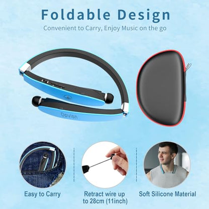 Bluetooth Neckband Headphones, Foldable Wireless Lightweight Neck Headset with Retractable Earbuds, Noise Cancelling Sweatproof Stereo Earphones with Mic & Carrying Case - color: Light Blue